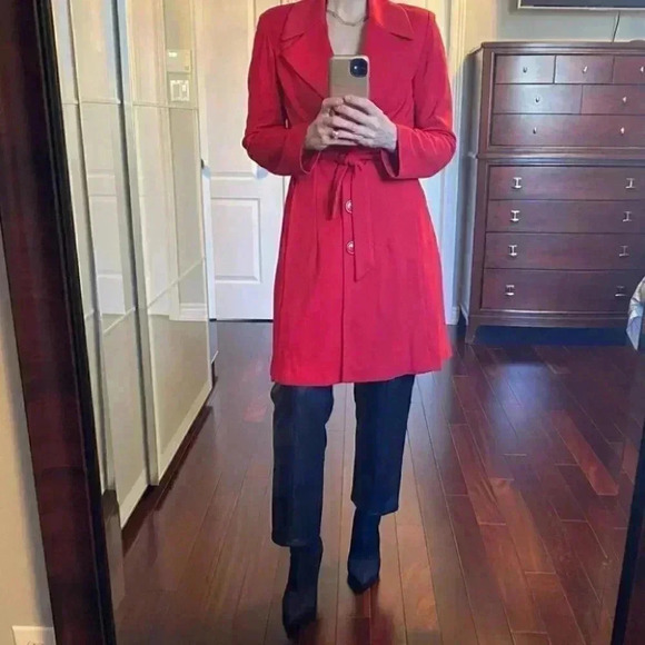 Vintage Le Chateau Trench Coat Red Ponte Knit Duster Blazer Belted Y2K Small - Picture 15 of 16